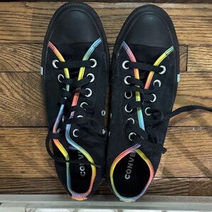 Converse Black Pride Sneakers with Rainbow Pride Accents and Trans Pride Affects